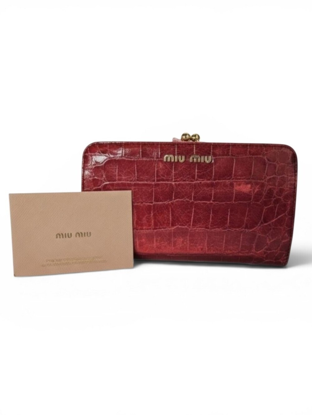 Miu Miu Kisslock Crocodile Embossed Leather Clutch Phone Wallet In Peony Pink